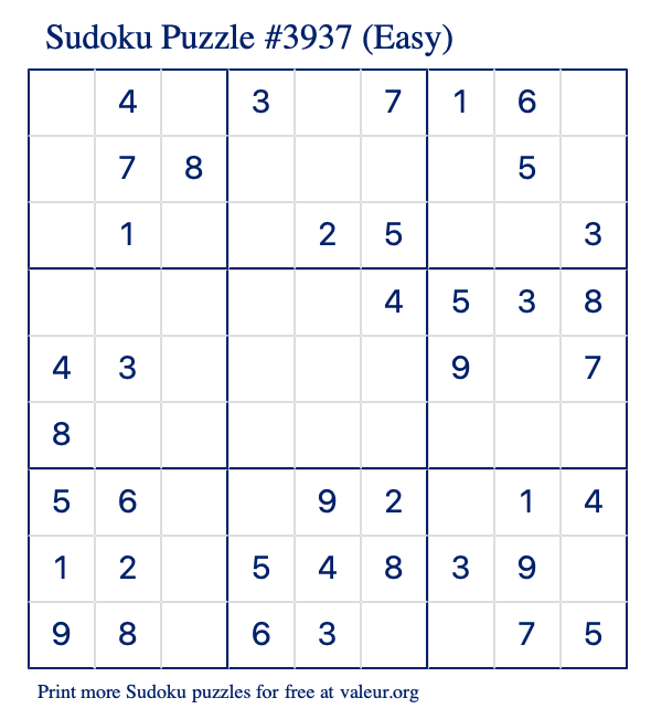 Free Printable Easy Sudoku Puzzle number 3937