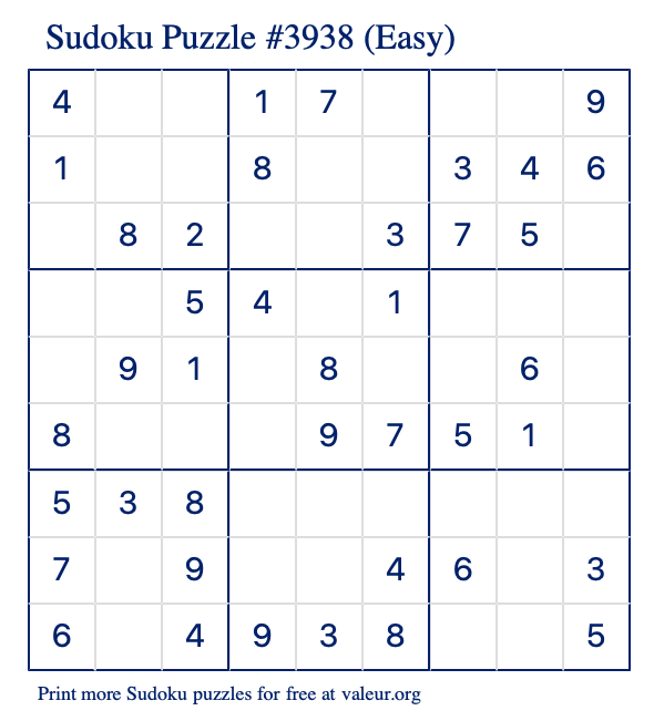 Free Printable Easy Sudoku Puzzle number 3938