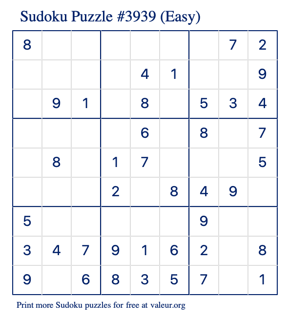 Free Printable Easy Sudoku Puzzle number 3939