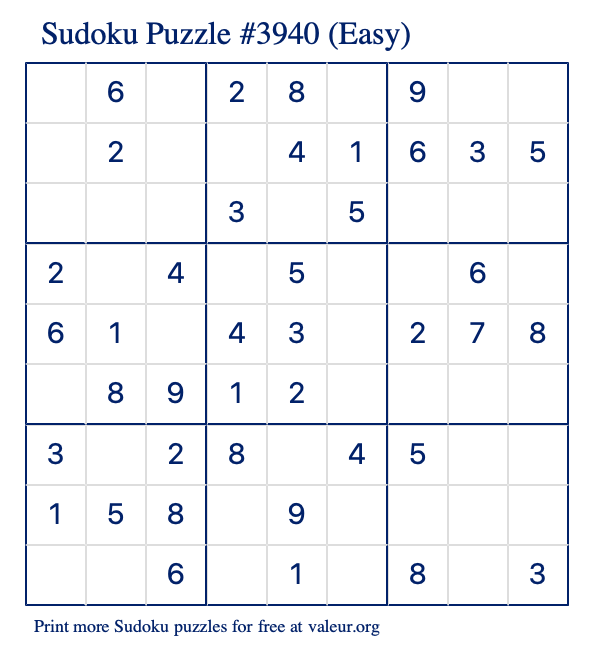 Free Printable Easy Sudoku Puzzle number 3940