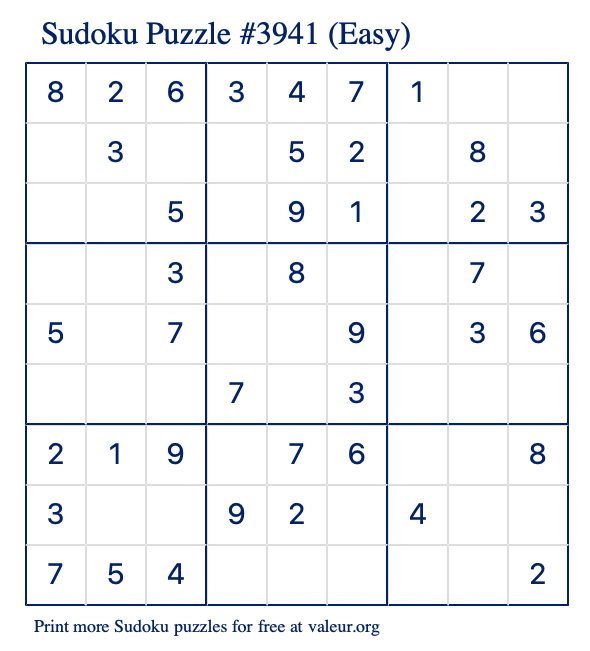 Free Printable Easy Sudoku Puzzle number 3941