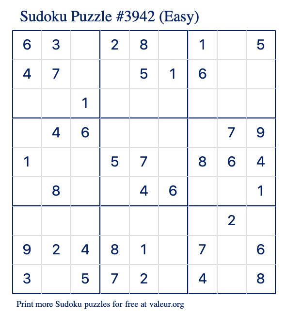 Free Printable Easy Sudoku Puzzle number 3942