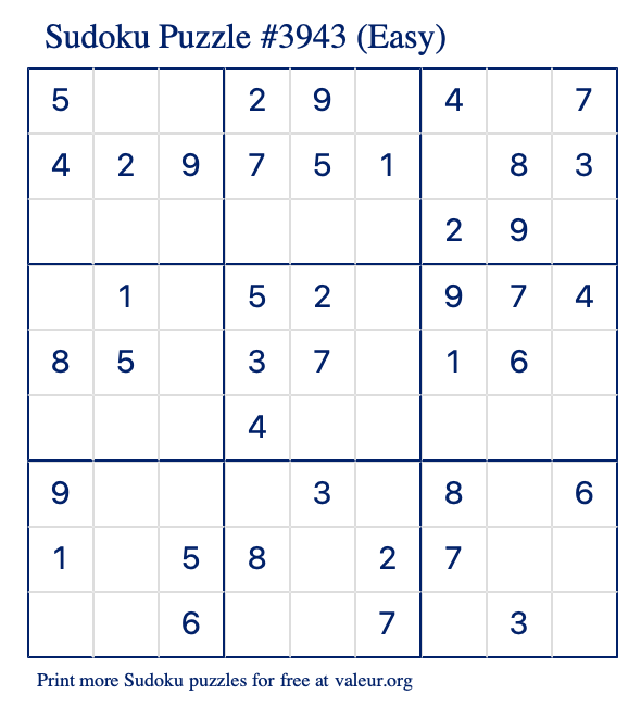 Free Printable Easy Sudoku Puzzle number 3943