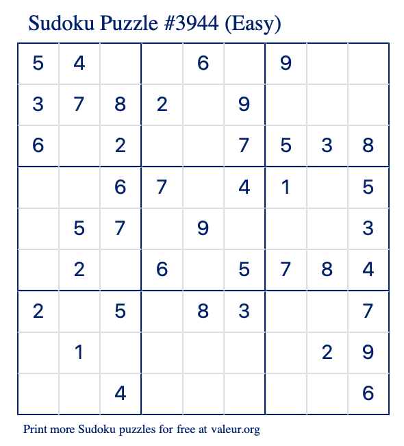 Free Printable Easy Sudoku Puzzle number 3944