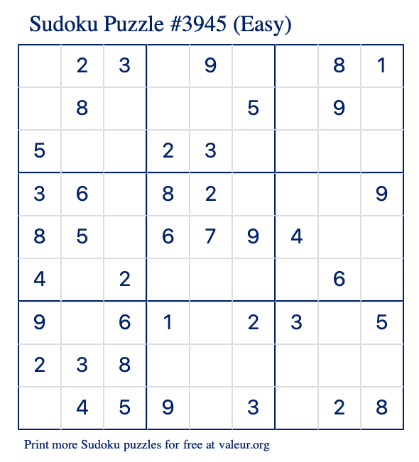 Free Printable Easy Sudoku Puzzle number 3945