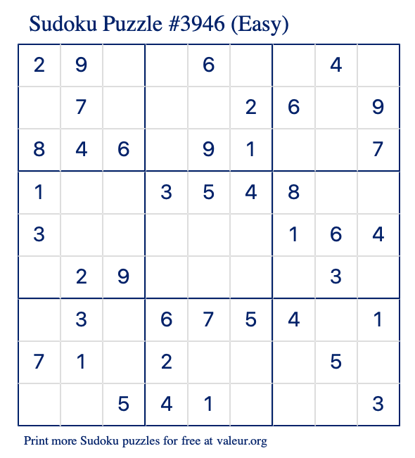 Free Printable Easy Sudoku Puzzle number 3946