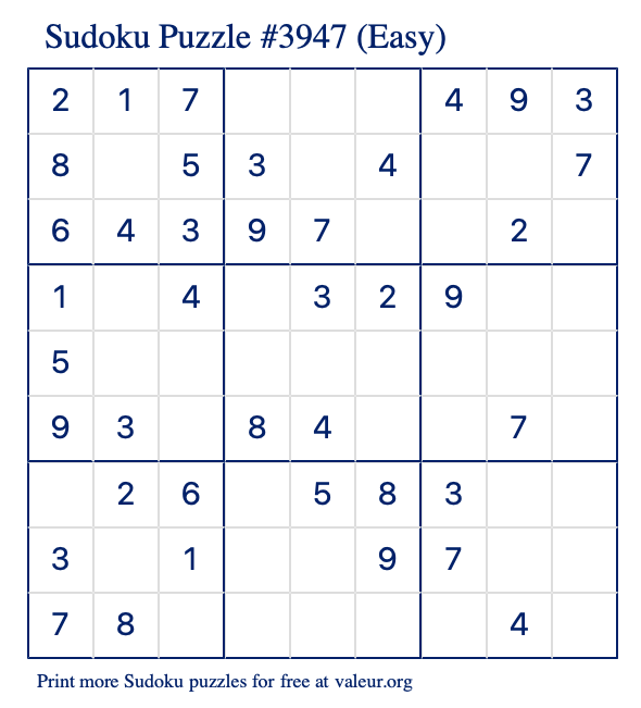 Free Printable Easy Sudoku Puzzle number 3947