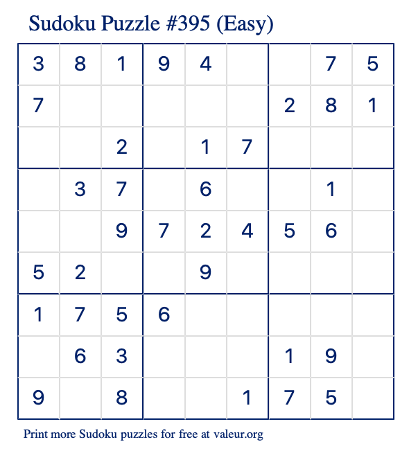 Free Printable Easy Sudoku Puzzle number 395
