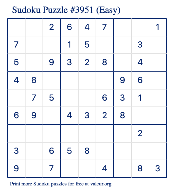 Free Printable Easy Sudoku Puzzle number 3951