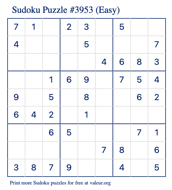 Free Printable Easy Sudoku Puzzle number 3953