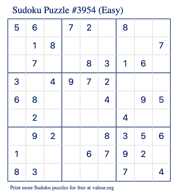 Free Printable Easy Sudoku Puzzle number 3954