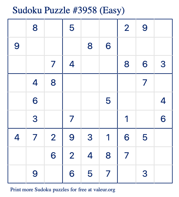 Free Printable Easy Sudoku Puzzle number 3958