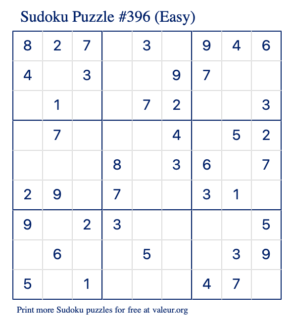 Free Printable Easy Sudoku Puzzle number 396