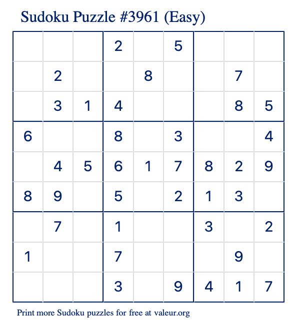 Free Printable Easy Sudoku Puzzle number 3961