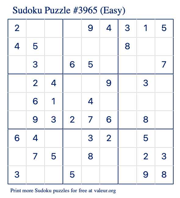 Free Printable Easy Sudoku Puzzle number 3965