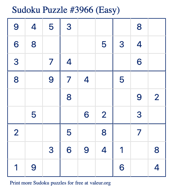 Free Printable Easy Sudoku Puzzle number 3966