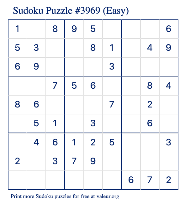 Free Printable Easy Sudoku Puzzle number 3969