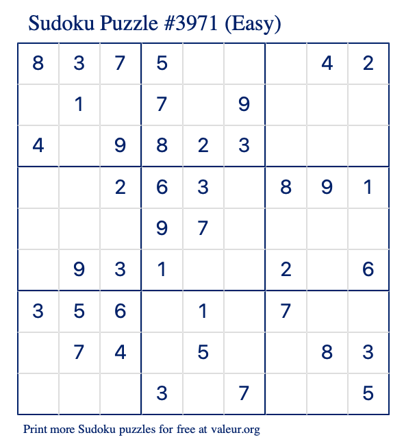 Free Printable Easy Sudoku Puzzle number 3971