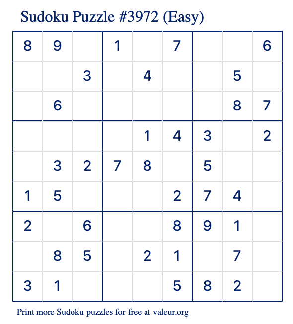 Free Printable Easy Sudoku Puzzle number 3972