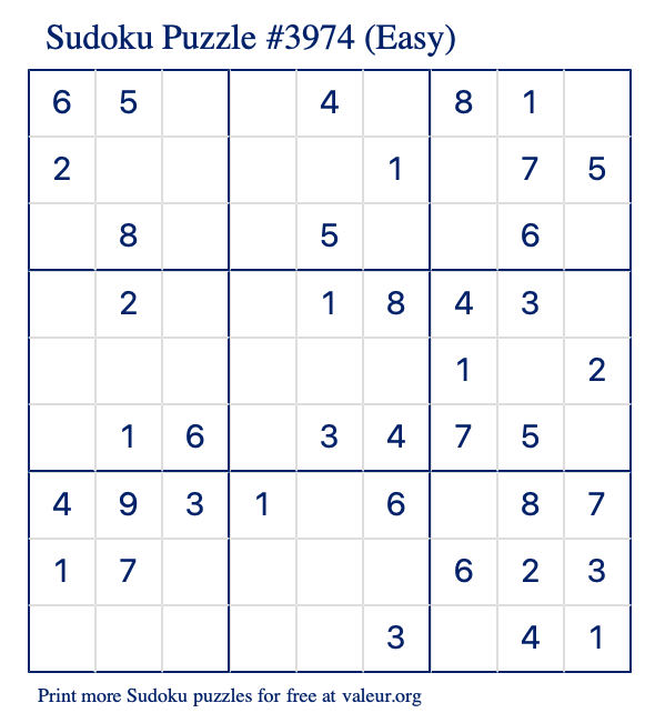 Free Printable Easy Sudoku Puzzle number 3974