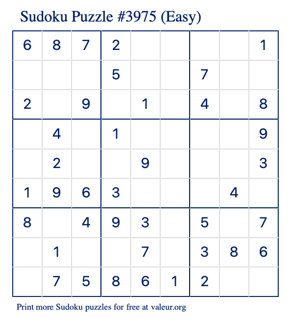 Free Printable Easy Sudoku Puzzle number 3975