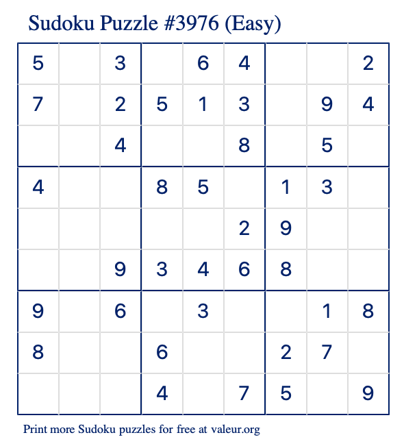 Free Printable Easy Sudoku Puzzle number 3976