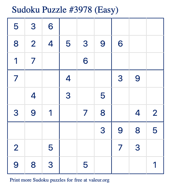 Free Printable Easy Sudoku Puzzle number 3978