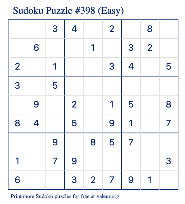 Free Printable Easy Sudoku Puzzle number 398