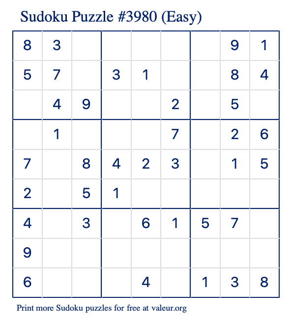 Free Printable Easy Sudoku Puzzle number 3980