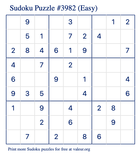 Free Printable Easy Sudoku Puzzle number 3982