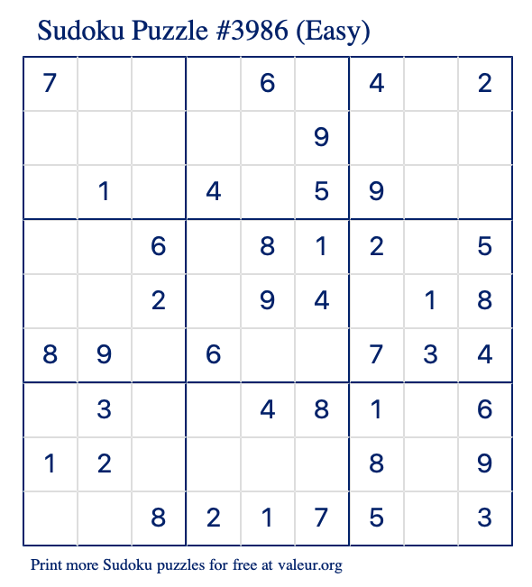 Free Printable Easy Sudoku Puzzle number 3986