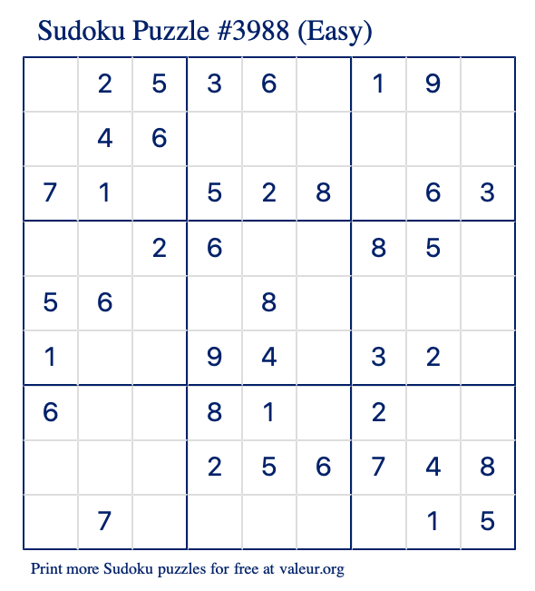 Free Printable Easy Sudoku Puzzle number 3988