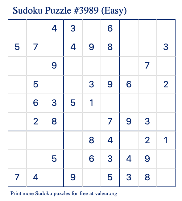 Free Printable Easy Sudoku Puzzle number 3989