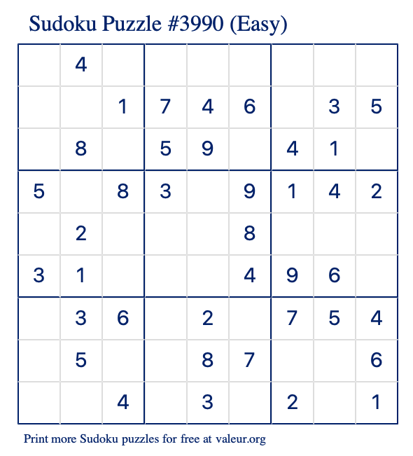 Free Printable Easy Sudoku Puzzle number 3990