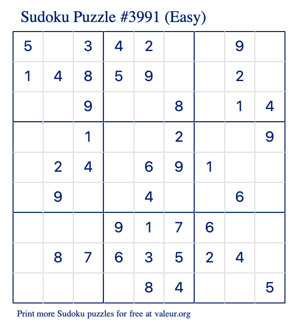 Free Printable Easy Sudoku Puzzle number 3991