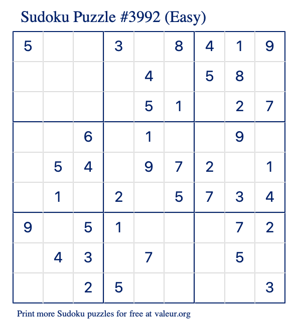 Free Printable Easy Sudoku Puzzle number 3992