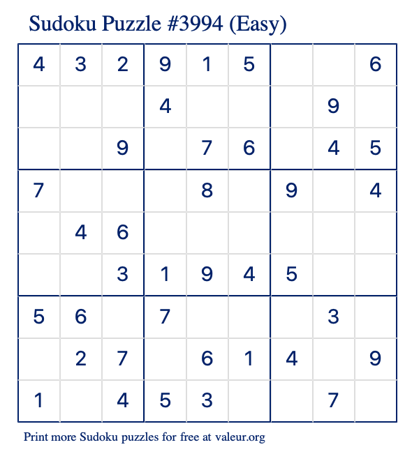 Free Printable Easy Sudoku Puzzle number 3994