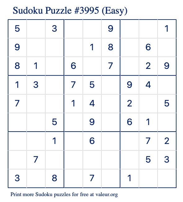 Free Printable Easy Sudoku Puzzle number 3995