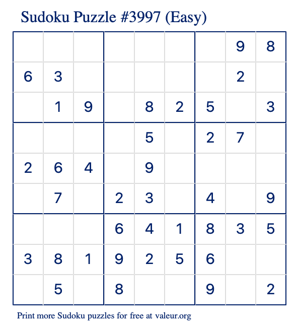 Free Printable Easy Sudoku Puzzle number 3997