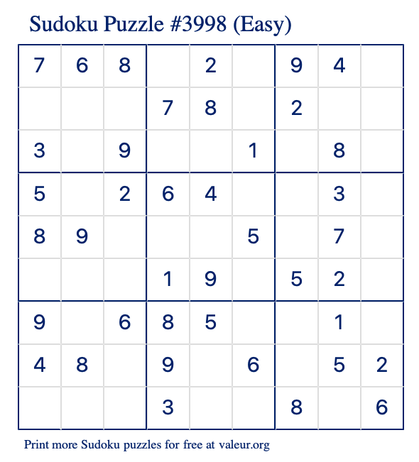 Free Printable Easy Sudoku Puzzle number 3998