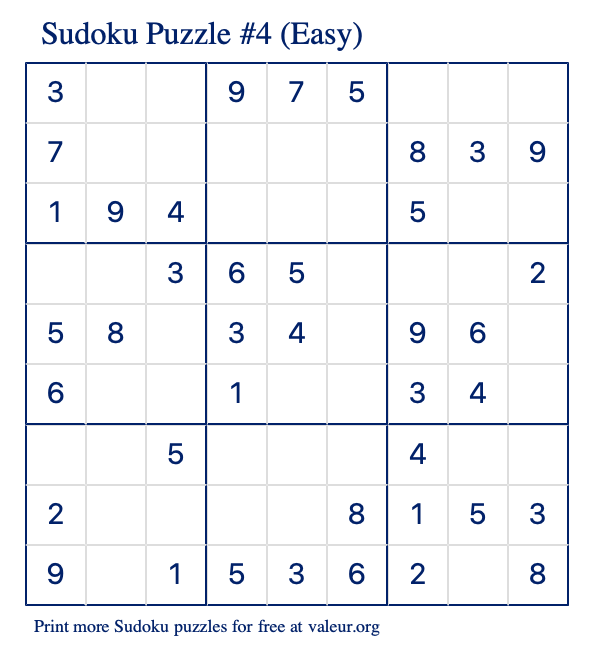 Free Printable Easy Sudoku Puzzle number 4