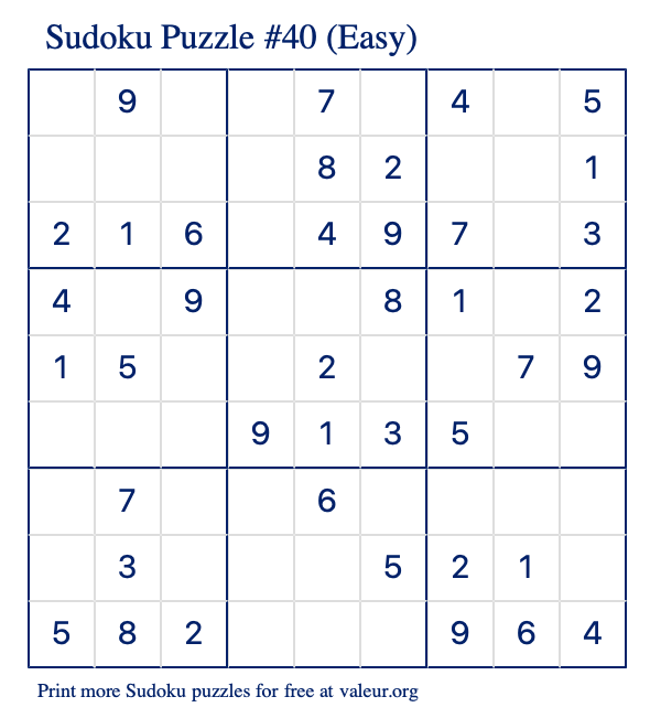 Free Printable Easy Sudoku Puzzle number 40