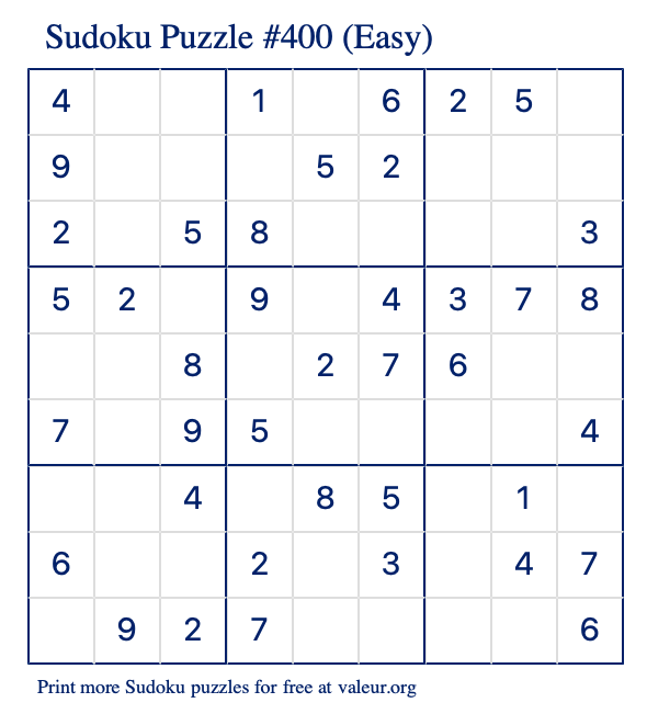 Free Printable Easy Sudoku Puzzle number 400
