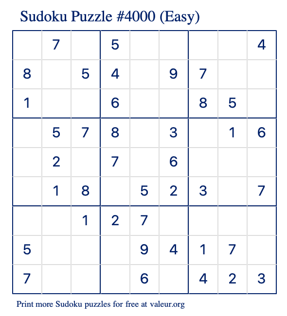 Free Printable Easy Sudoku Puzzle number 4000