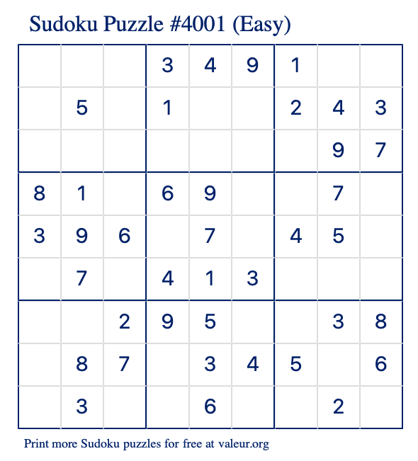 Free Printable Easy Sudoku Puzzle number 4001