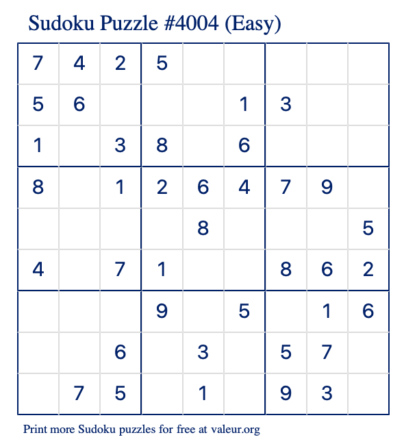 Free Printable Easy Sudoku Puzzle number 4004