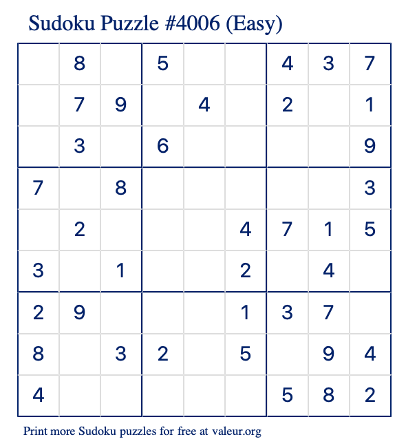 Free Printable Easy Sudoku Puzzle number 4006