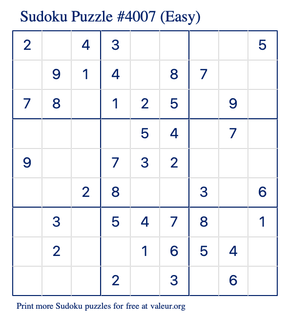 Free Printable Easy Sudoku Puzzle number 4007