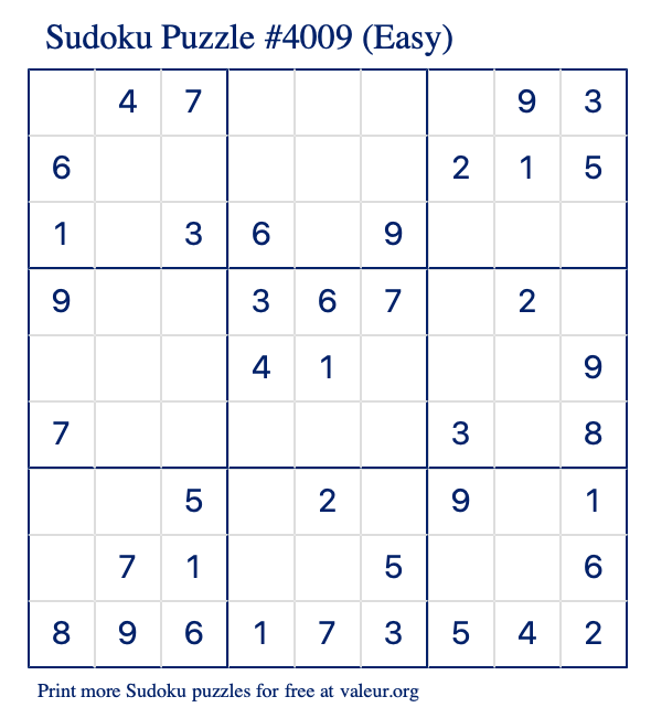 Free Printable Easy Sudoku Puzzle number 4009