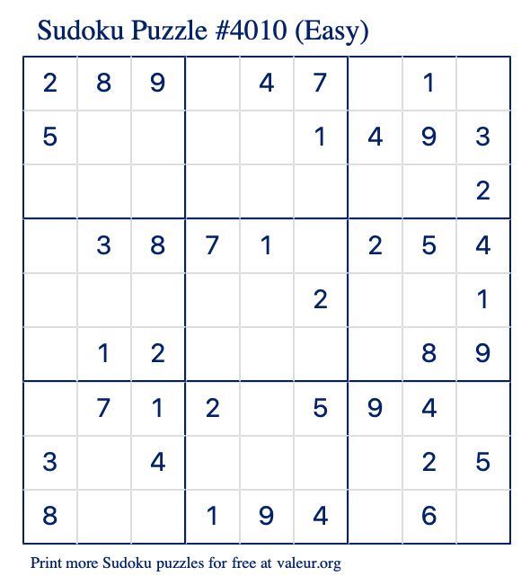 Free Printable Easy Sudoku Puzzle number 4010